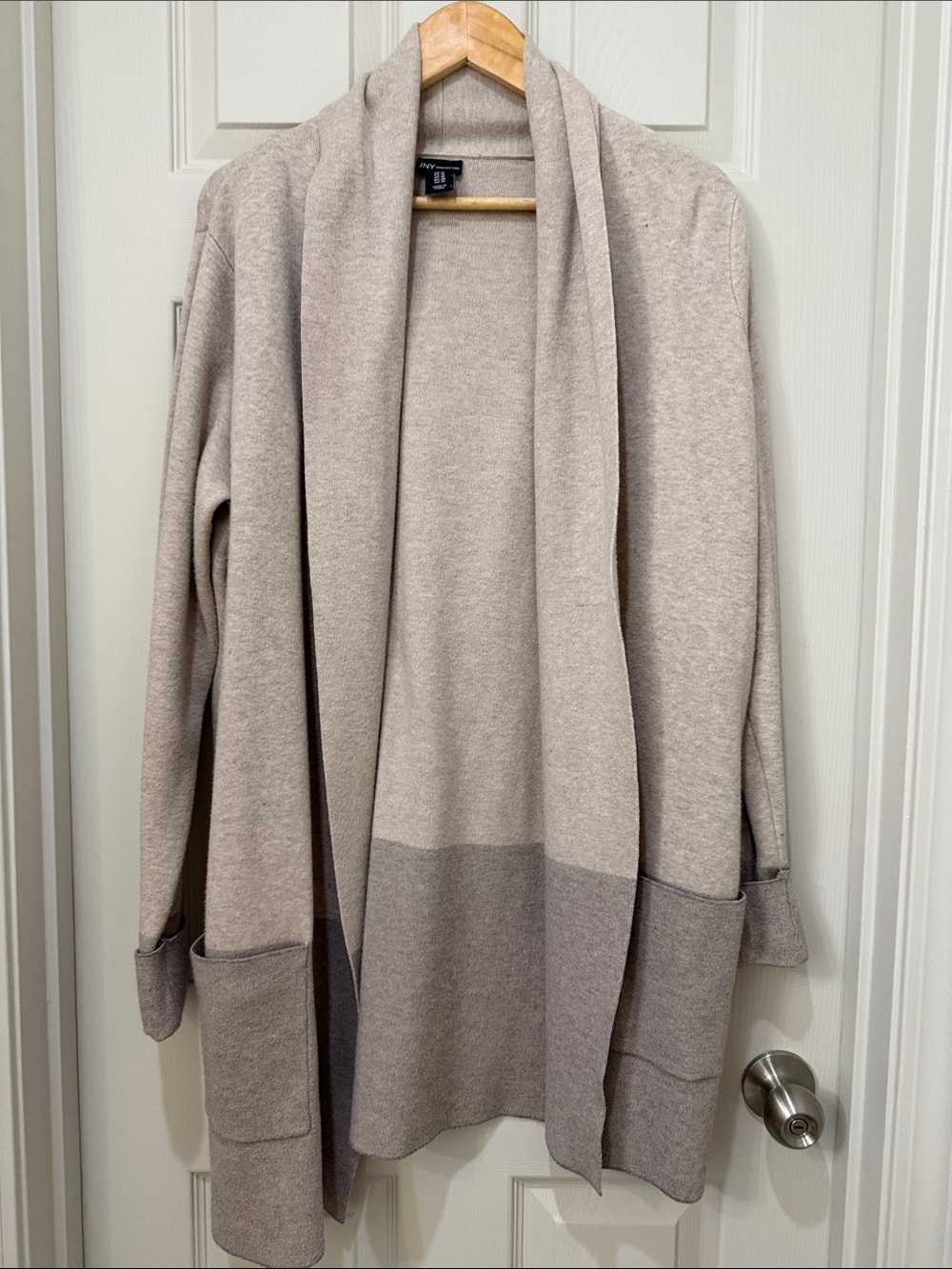 Jones New York Two-Tone Open-Front Cardigan in Light Beige and Taupe